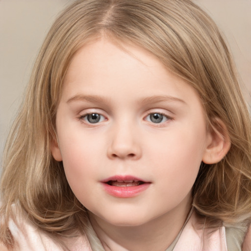 Neutral white child female with medium  brown hair and grey eyes