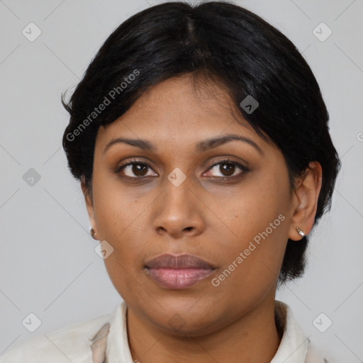 Neutral asian young-adult female with medium  black hair and brown eyes