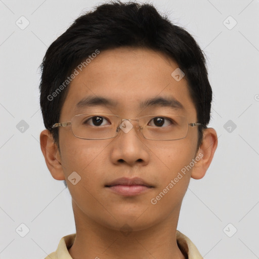 Neutral asian young-adult male with short  brown hair and brown eyes