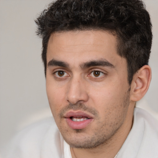 Joyful white young-adult male with short  black hair and brown eyes