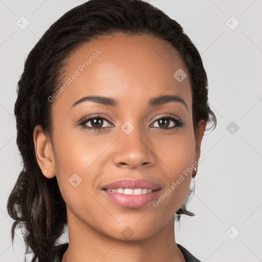 Joyful white young-adult female with long  brown hair and brown eyes