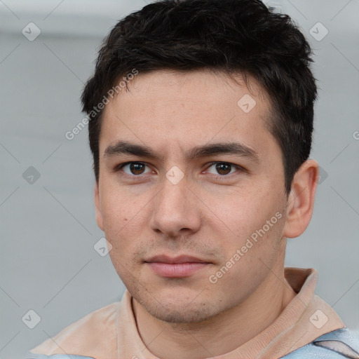 Neutral white young-adult male with short  brown hair and brown eyes