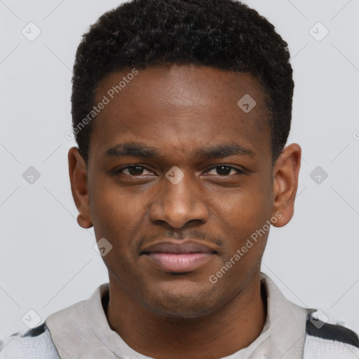 Joyful black young-adult male with short  brown hair and brown eyes