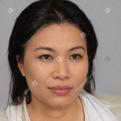 Neutral asian young-adult female with medium  brown hair and brown eyes