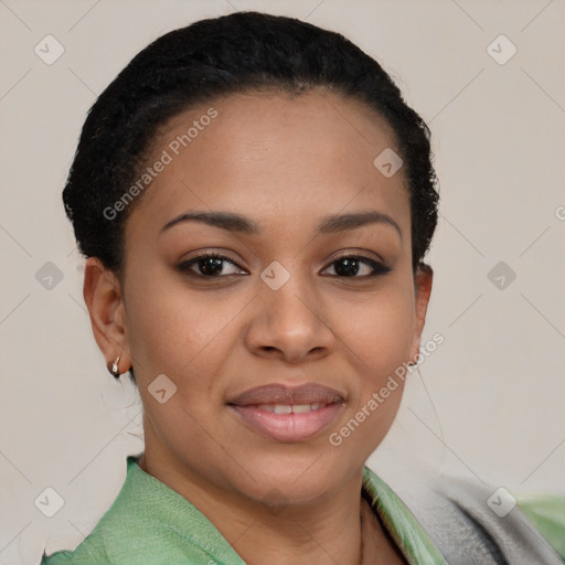 Joyful white young-adult female with short  black hair and brown eyes