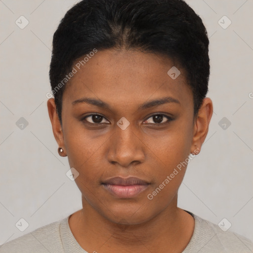 Neutral black young-adult female with short  black hair and brown eyes