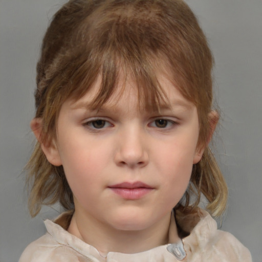 Neutral white child female with medium  brown hair and grey eyes