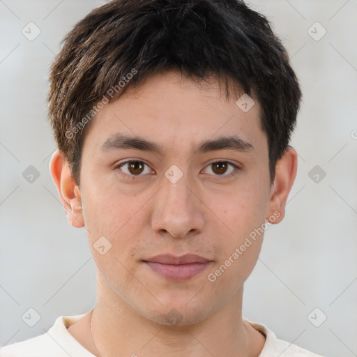 Neutral white young-adult male with short  brown hair and brown eyes