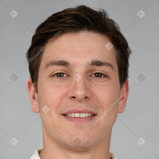 Joyful white young-adult male with short  brown hair and brown eyes