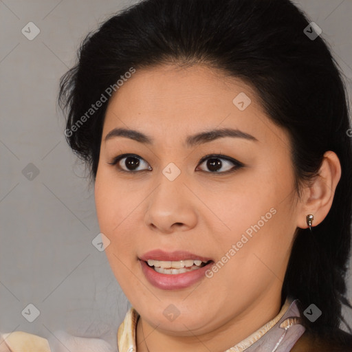 Joyful asian young-adult female with medium  brown hair and brown eyes