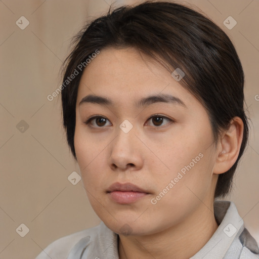 Neutral white young-adult female with medium  brown hair and brown eyes