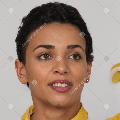 Joyful latino young-adult female with short  brown hair and brown eyes