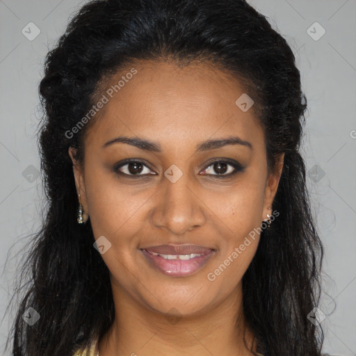 Joyful black young-adult female with long  brown hair and brown eyes