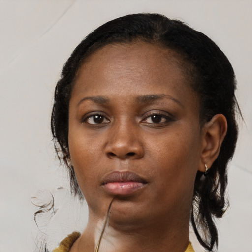 Neutral black young-adult female with medium  black hair and brown eyes