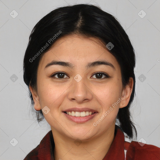 Joyful asian young-adult female with medium  black hair and brown eyes