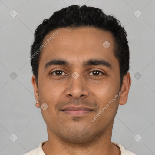 Neutral latino young-adult male with short  black hair and brown eyes