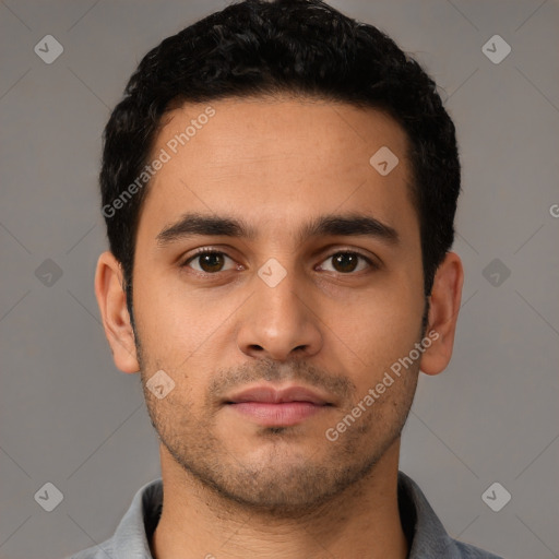 Neutral latino young-adult male with short  black hair and brown eyes