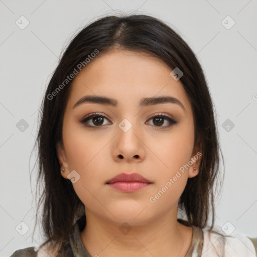 Neutral latino young-adult female with medium  brown hair and brown eyes