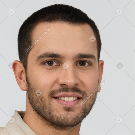 Joyful white young-adult male with short  brown hair and brown eyes