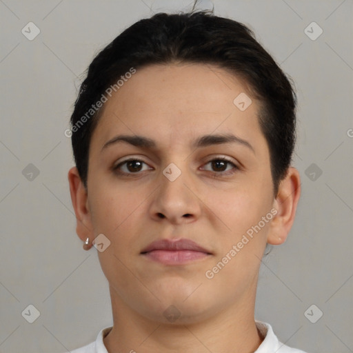 Neutral white young-adult female with short  brown hair and brown eyes