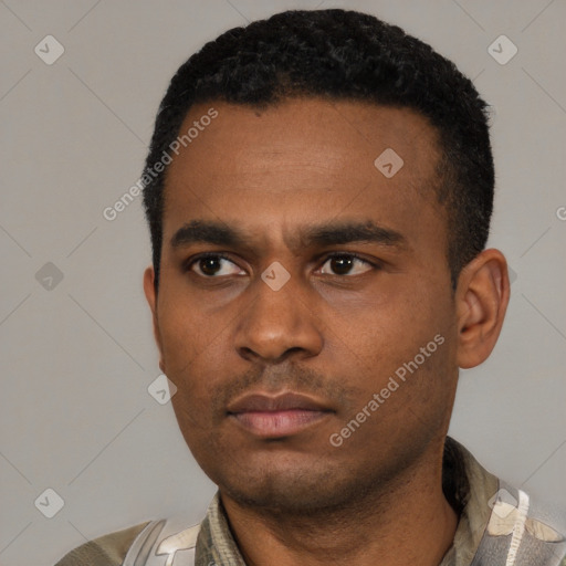 Neutral black young-adult male with short  black hair and brown eyes