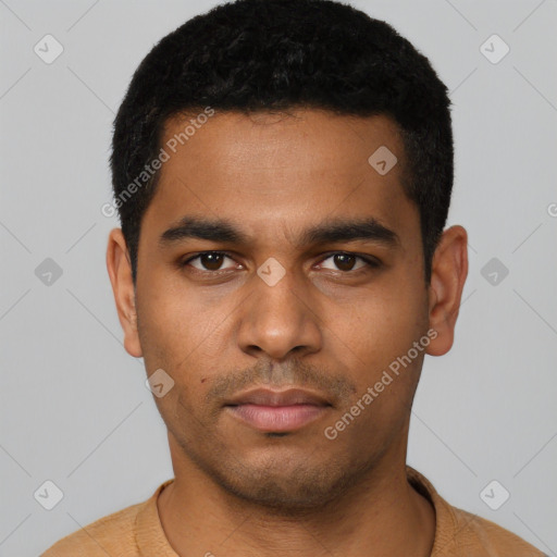 Neutral latino young-adult male with short  black hair and brown eyes