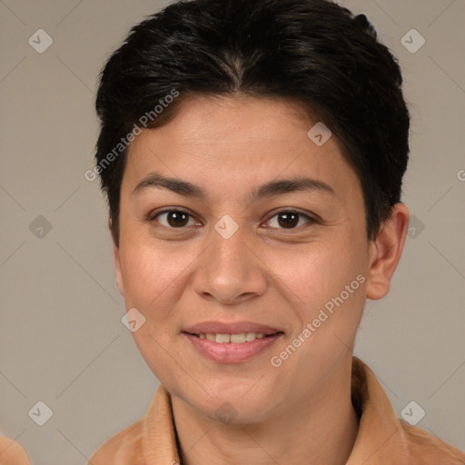 Joyful white young-adult female with short  brown hair and brown eyes