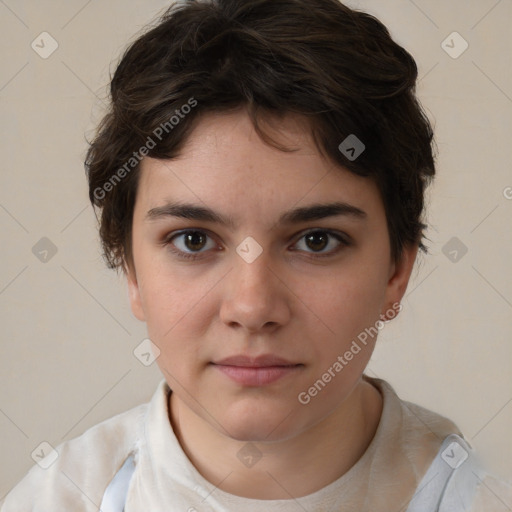 Neutral white young-adult female with short  brown hair and brown eyes