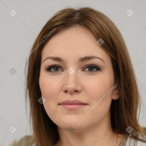 Neutral white young-adult female with medium  brown hair and brown eyes