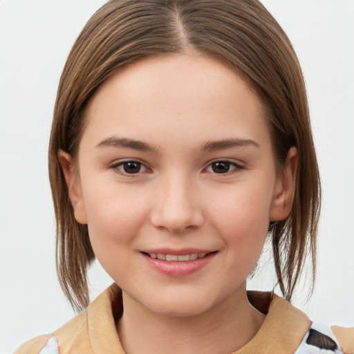 Joyful white child female with medium  brown hair and brown eyes