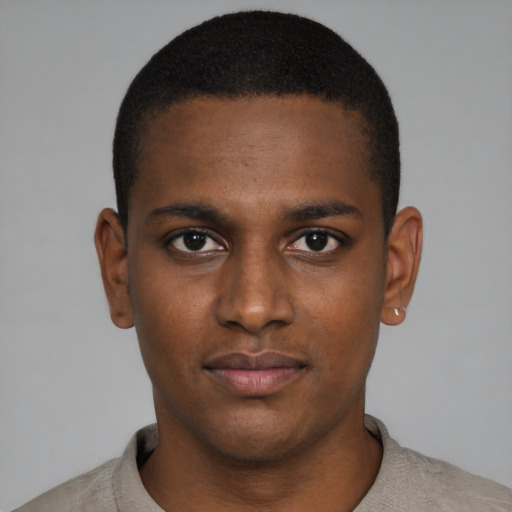 Neutral black young-adult male with short  black hair and brown eyes