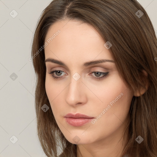 Neutral white young-adult female with long  brown hair and brown eyes