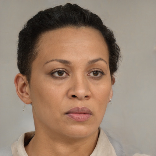 Neutral black adult female with short  brown hair and brown eyes