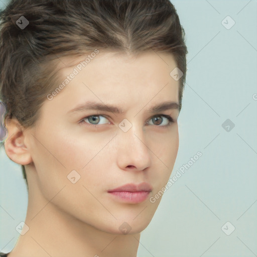 Neutral white young-adult female with short  brown hair and brown eyes