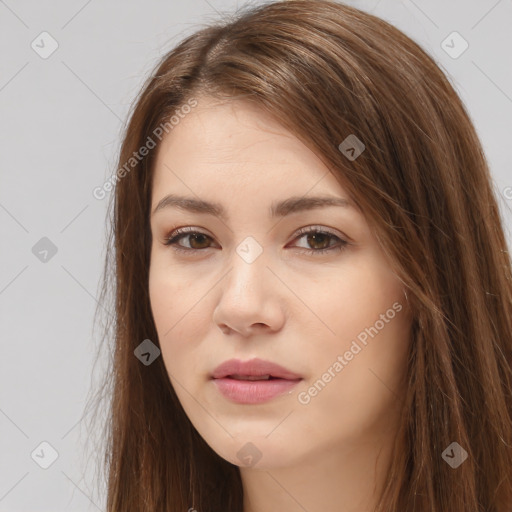 Neutral white young-adult female with long  brown hair and brown eyes