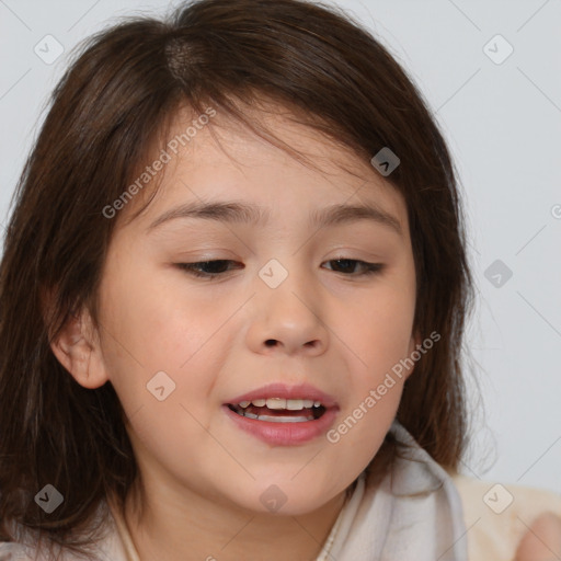 Joyful white child female with medium  brown hair and brown eyes