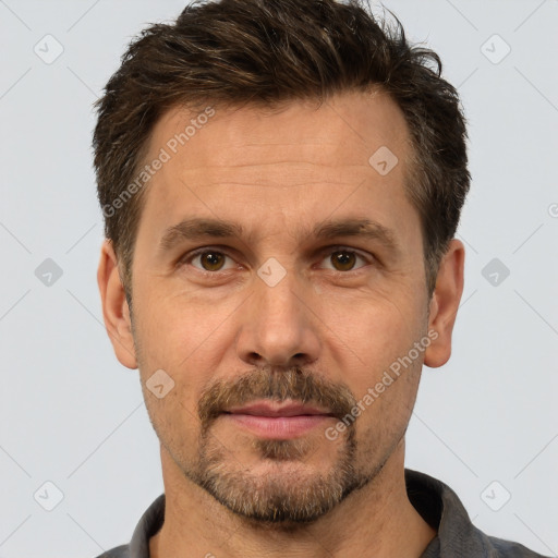 Neutral white adult male with short  brown hair and brown eyes