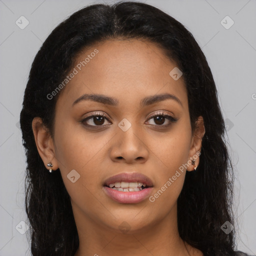 Joyful latino young-adult female with long  brown hair and brown eyes