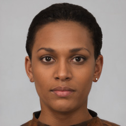 Neutral black young-adult female with short  black hair and brown eyes