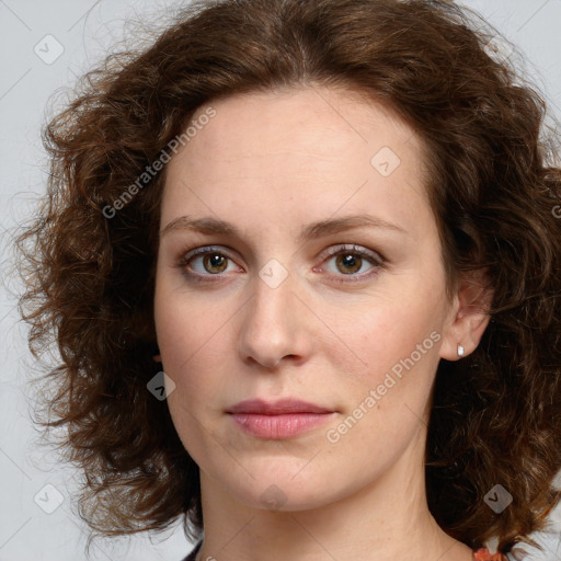 Joyful white young-adult female with medium  brown hair and green eyes