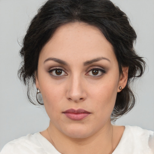 Neutral white young-adult female with medium  brown hair and brown eyes