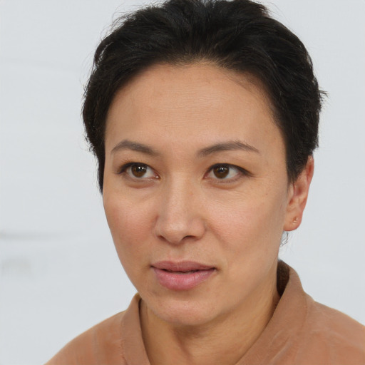 Neutral asian adult female with short  brown hair and brown eyes