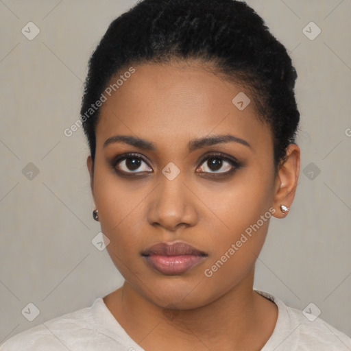 Neutral black young-adult female with short  black hair and brown eyes