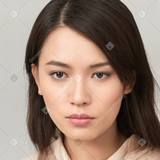 Neutral white young-adult female with medium  brown hair and brown eyes