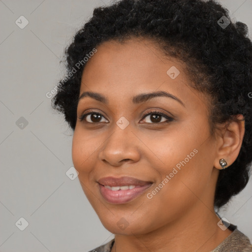 Joyful latino young-adult female with short  black hair and brown eyes