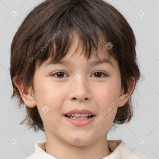 Joyful white child female with medium  brown hair and brown eyes