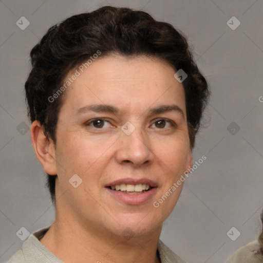 Joyful white adult female with short  brown hair and grey eyes