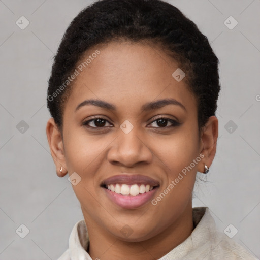 Joyful latino young-adult female with short  brown hair and brown eyes