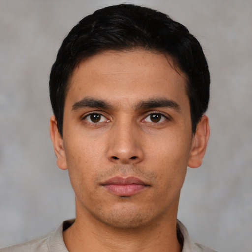 Neutral asian young-adult male with short  black hair and brown eyes