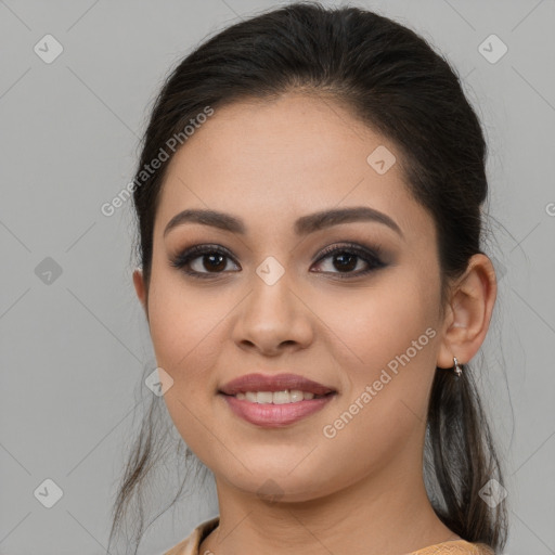 Joyful white young-adult female with long  brown hair and brown eyes